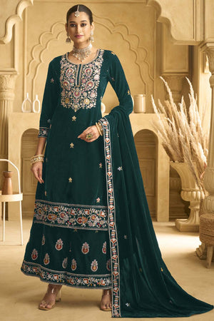 Green Sequin with Embroidered Velvet Palazzo Suit Set