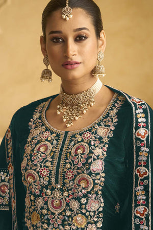 Green Sequin with Embroidered Velvet Palazzo Suit Set