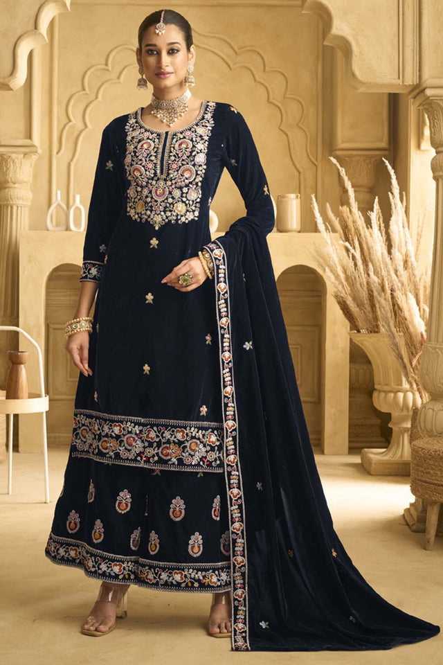 Navy Blue Sequin with Embroidered Velvet Palazzo Suit Set