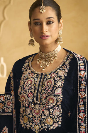 Navy Blue Sequin with Embroidered Velvet Palazzo Suit Set