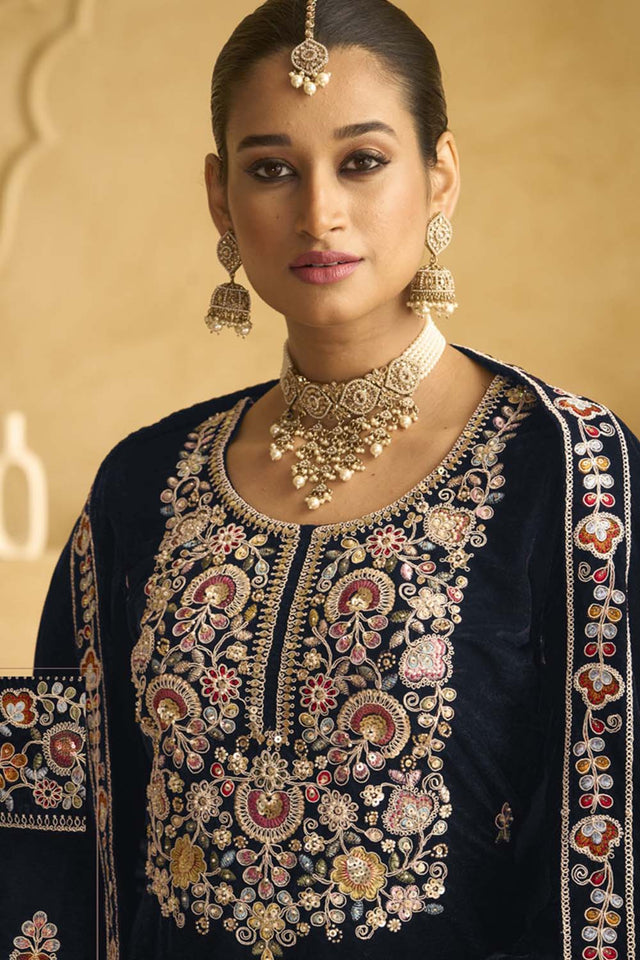 Navy Blue Sequin with Embroidered Velvet Palazzo Suit Set