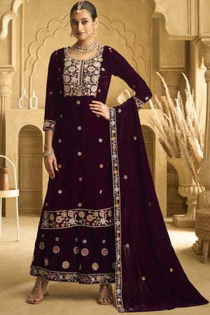 Wine Sequin with Embroidered Velvet Palazzo Suit Set