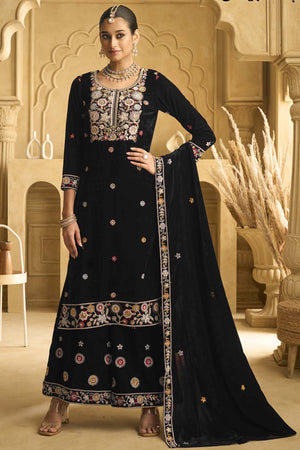Black Sequin with Embroidered Velvet Palazzo Suit Set