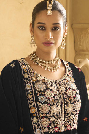 Black Sequin with Embroidered Velvet Palazzo Suit Set