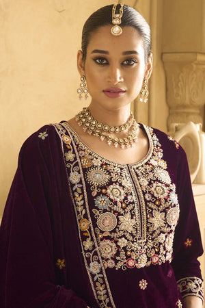 Violet Sequin with Embroidered Velvet Palazzo Suit Set