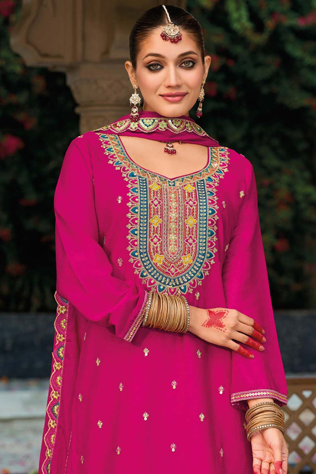 Dark Pink Sequin with Embroidered Art Silk Sharara Suit Set