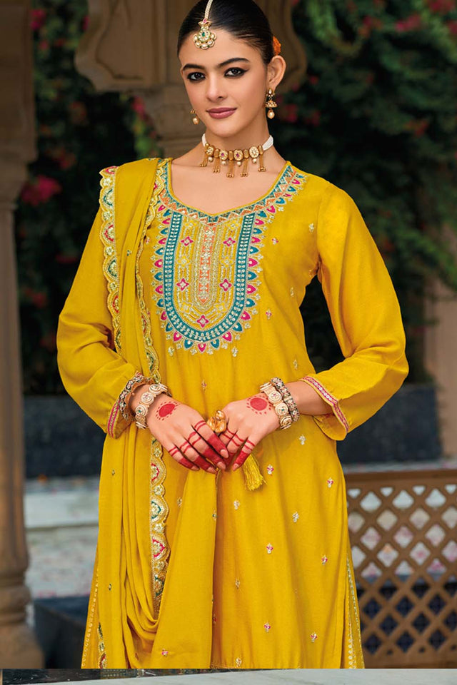 Yellow Sequin with Embroidered Art Silk Sharara Suit Set