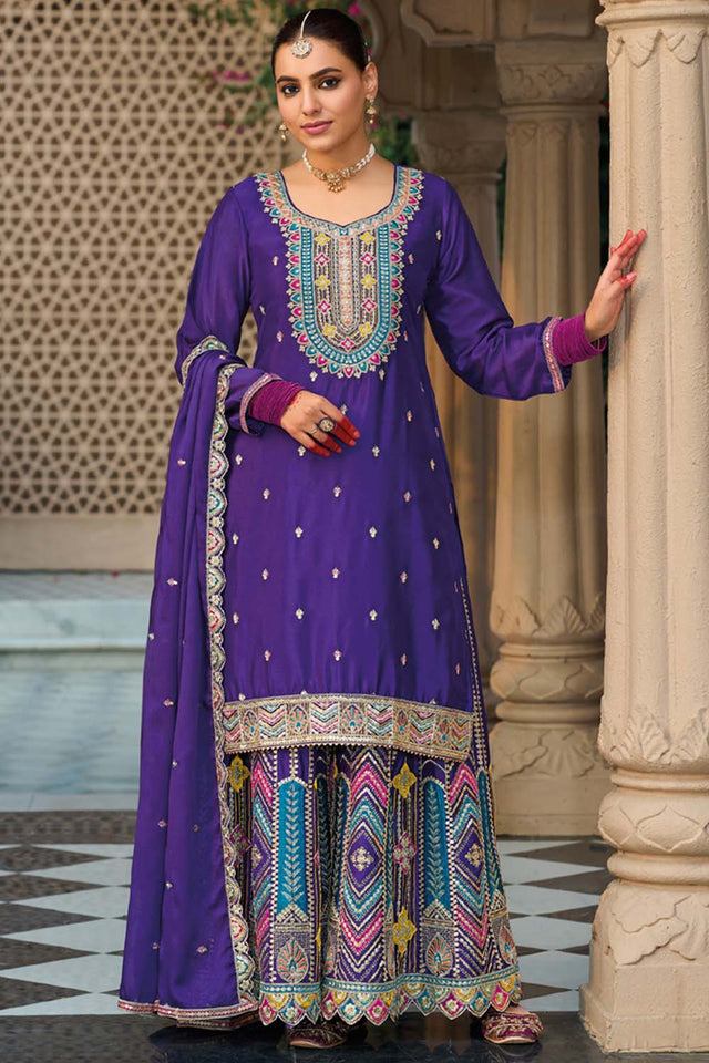 Violet Sequin with Embroidered Art Silk Sharara Suit Set