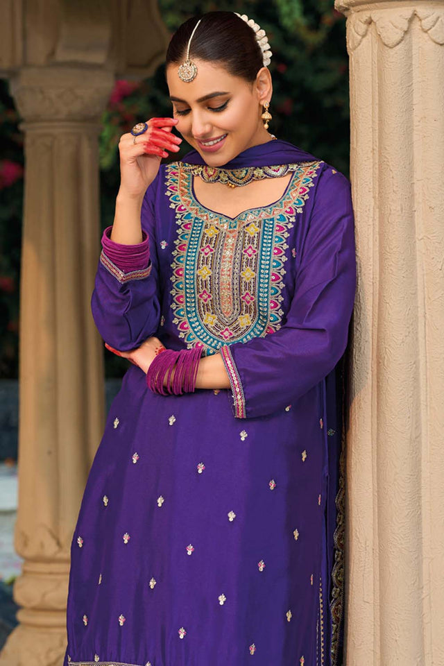 Violet Sequin with Embroidered Art Silk Sharara Suit Set