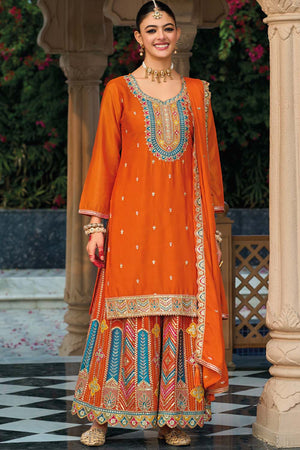 Orange Sequin with Embroidered Art Silk Sharara Suit Set