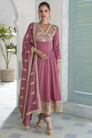 Pink Floral Embroidered Silk Anarkali Suits