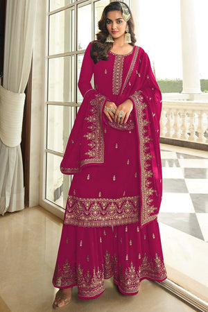 Pink Georgette Embroidered Round Neck Sharara Suit Set (vega nitya-8304-C)