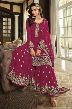 Pink Georgette Embroidered Round Neck Sharara Suit Set (vega nitya-8304-C)