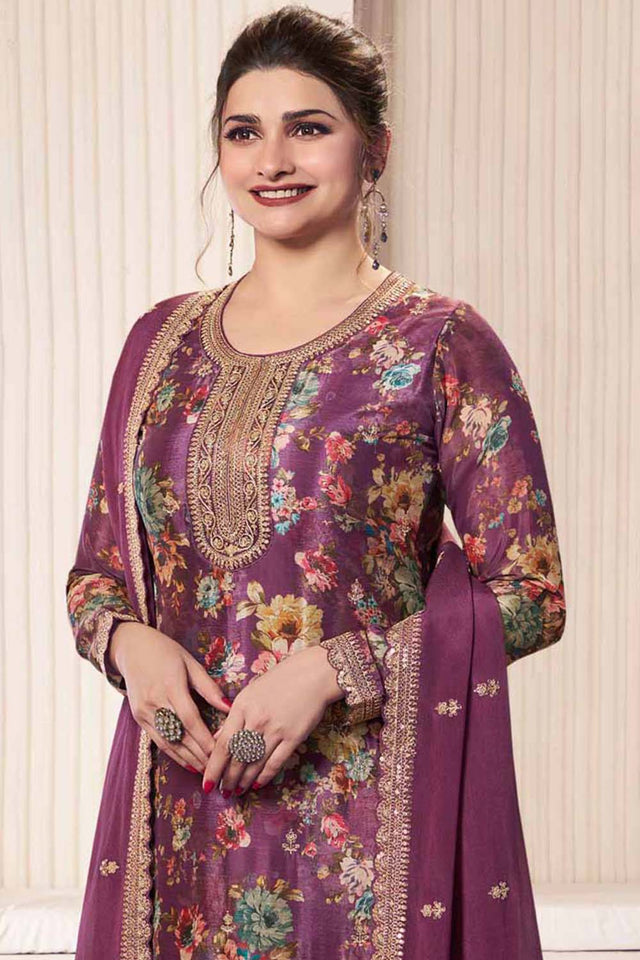 Pink Floral Printed Art-Silk Straight Cut Suit Set