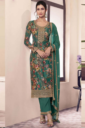 Green Floral Printed Art-Silk Straight Cut Suit Set