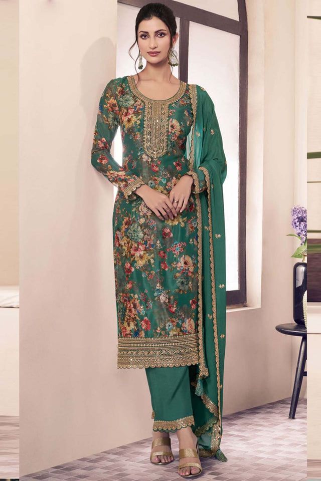 Green Floral Printed Art-Silk Straight Cut Suit Set