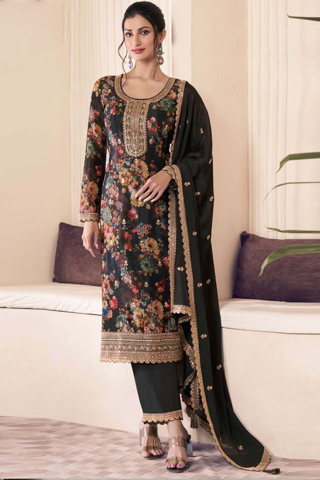 Black Floral Printed Art-Silk Straight Cut Suit Set