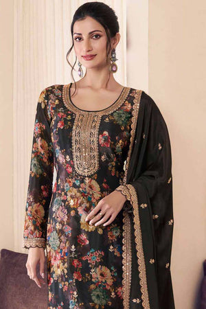 Black Floral Printed Art-Silk Straight Cut Suit Set