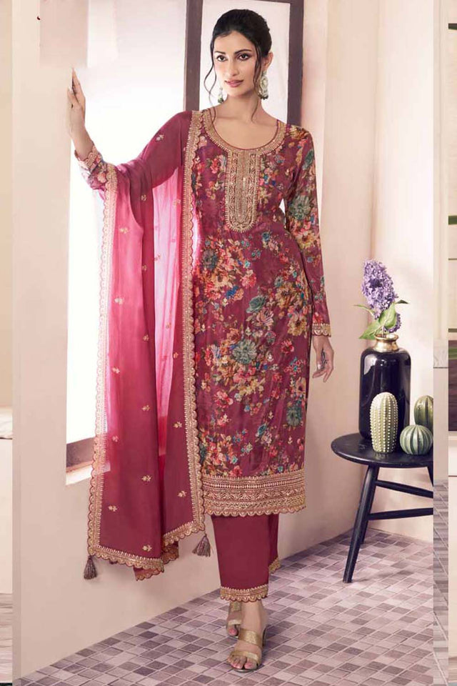 Red Floral Printed Art-Silk Straight Cut Suit Set