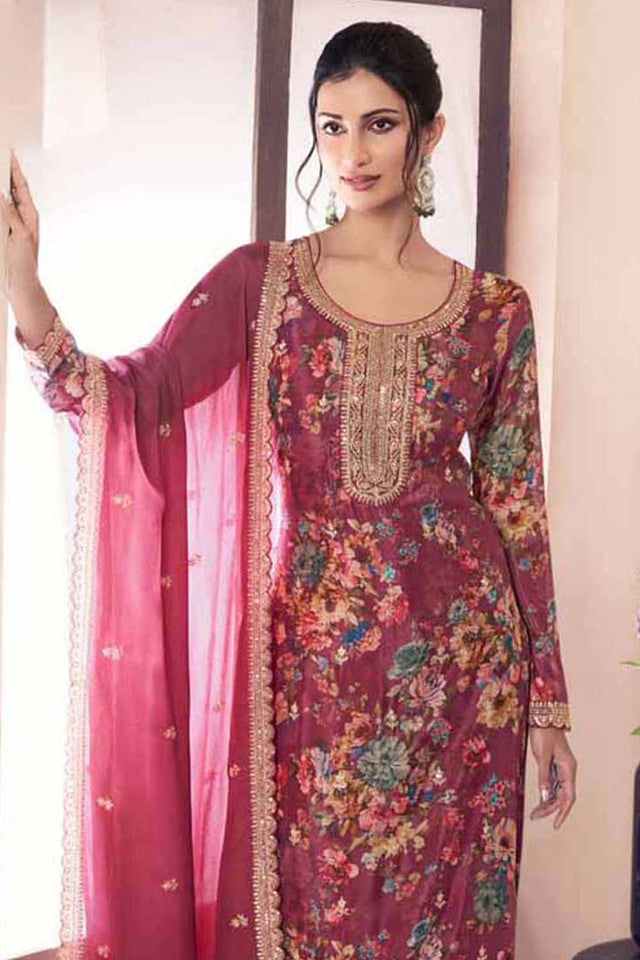 Red Floral Printed Art-Silk Straight Cut Suit Set