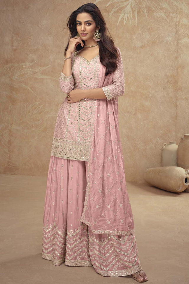 Light Pink Mirror Sequin Art Silk Sharara Suit Set