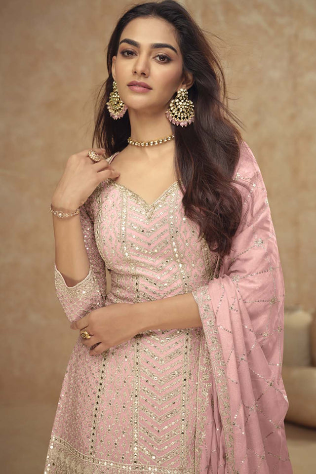 Light Pink Mirror Sequin Art Silk Sharara Suit Set