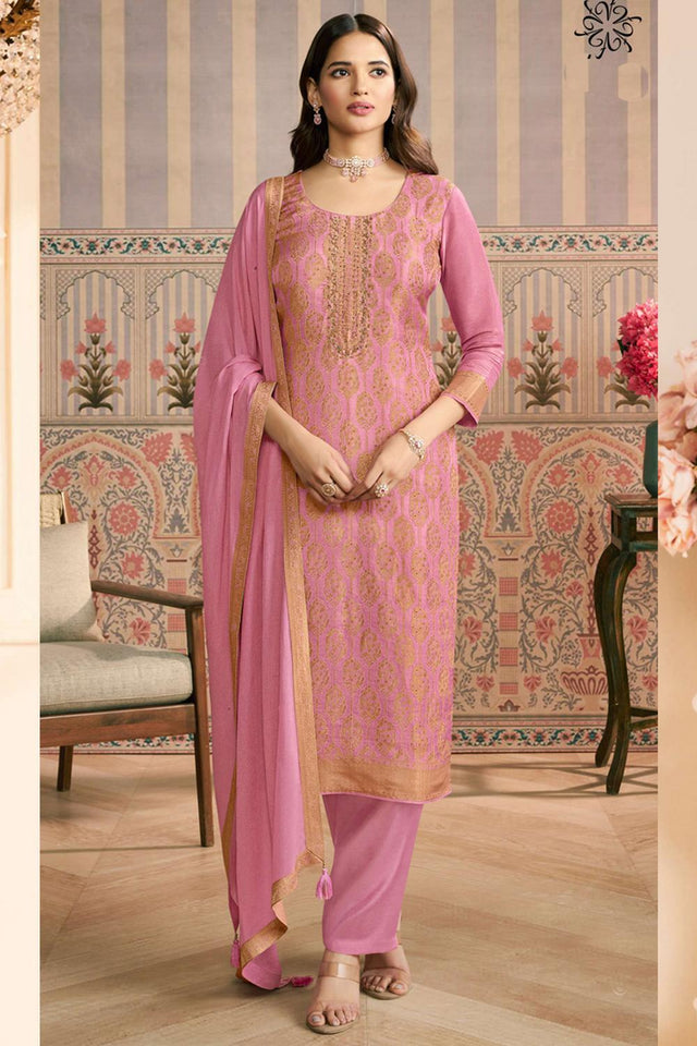 Pink Embroidered Jacquard Kurti Pant Set