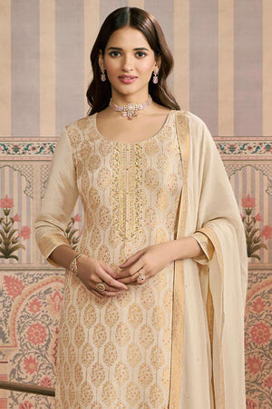 Off White Embroidered Jacquard Kurti Pant Set