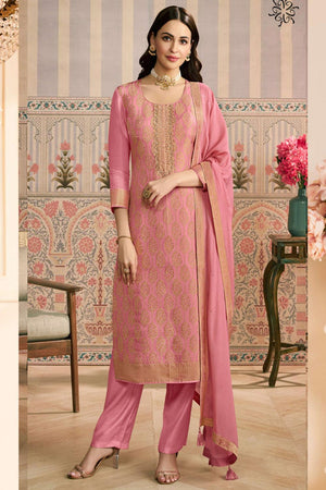 Pink Embroidered Jacquard Kurti Pant Set