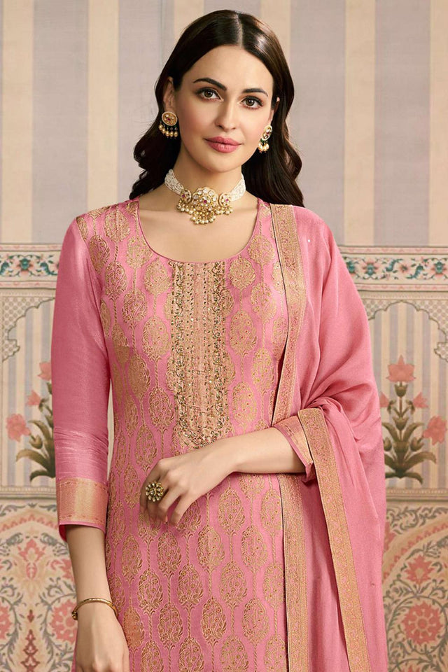 Pink Embroidered Jacquard Kurti Pant Set