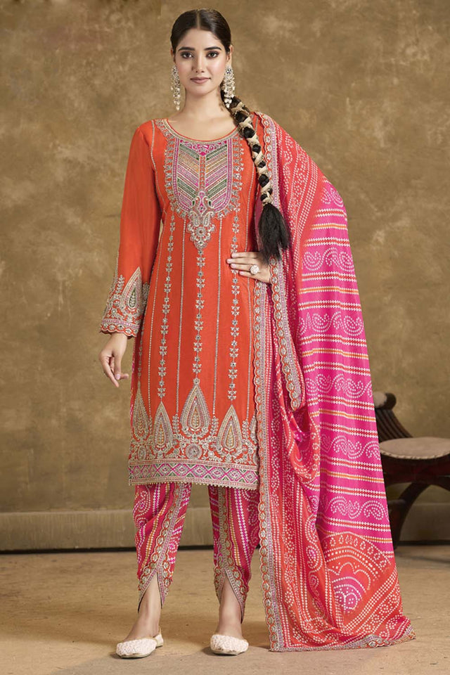 Orange Sequin with Embroidered Art Silk Patiala Suit Set