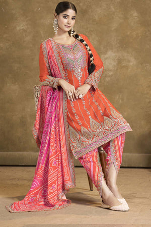Orange Sequin with Embroidered Art Silk Patiala Suit Set