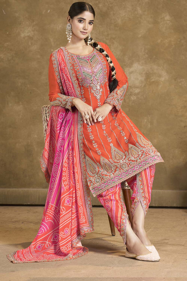 Orange Sequin with Embroidered Art Silk Patiala Suit Set