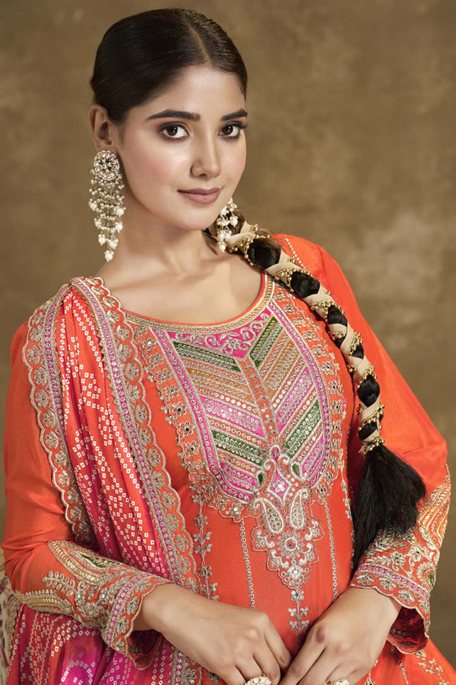 Orange Sequin with Embroidered Art Silk Patiala Suit Set
