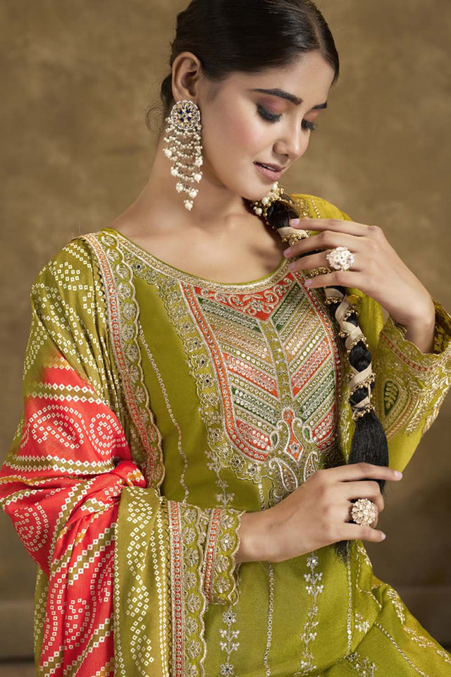 Mehendi Sequin with Embroidered Art Silk Patiala Suit Set