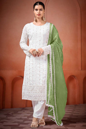 White Embroidered Georgette Straight Cut Suit Set