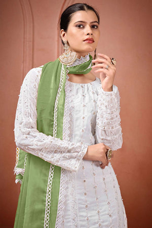 White Embroidered Georgette Straight Cut Suit Set