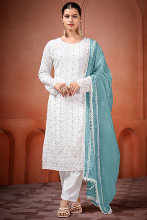 White Embroidered Georgette Straight Cut Suit Set