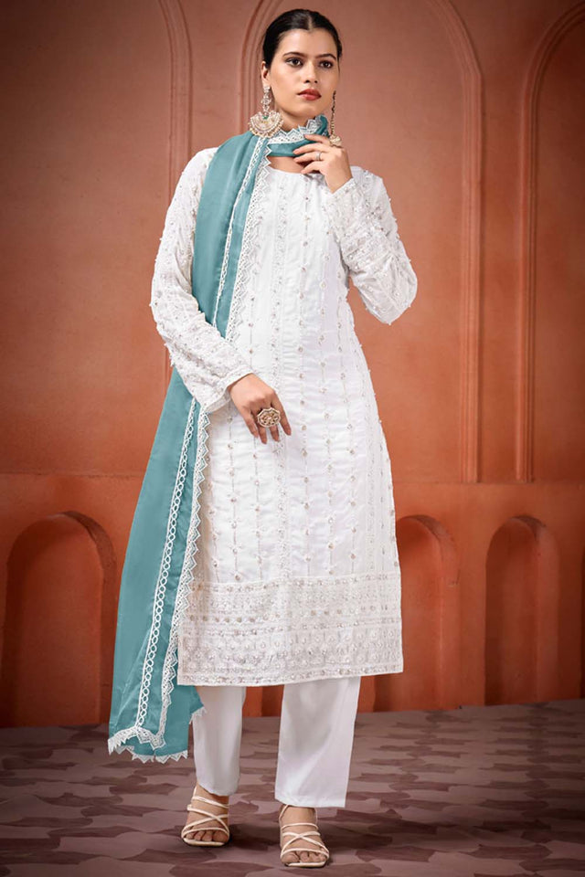 White Embroidered Georgette Straight Cut Suit Set