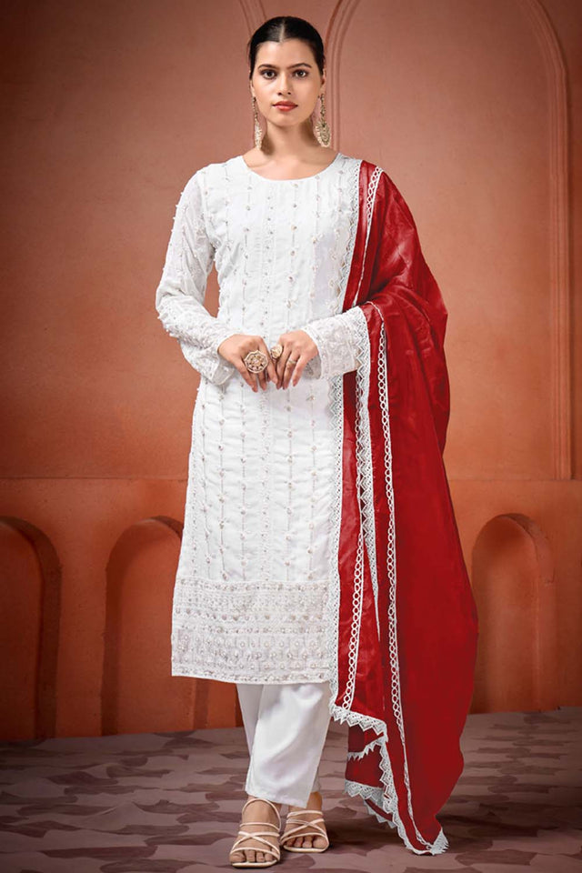 White Embroidered Georgette Straight Cut Suit Set