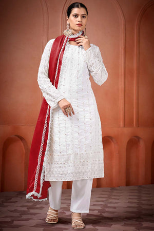 White Embroidered Georgette Straight Cut Suit Set
