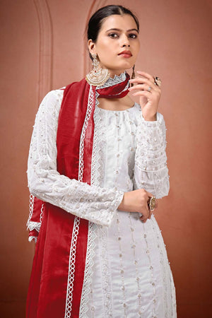 White Embroidered Georgette Straight Cut Suit Set
