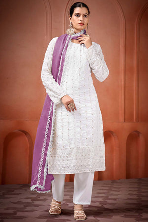 White Embroidered Georgette Straight Cut Suit Set