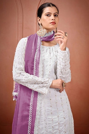 White Embroidered Georgette Straight Cut Suit Set