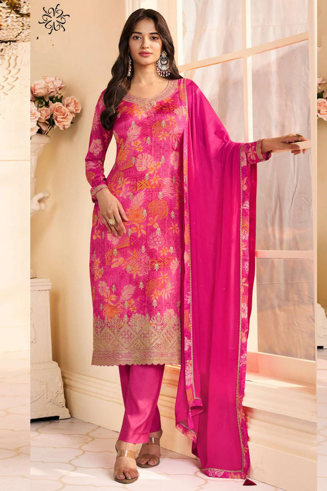 Pink Floral Printed Art Silk Kurti Pant Set