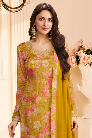 Yellow Floral Printed Art Silk Kurti Pant Set