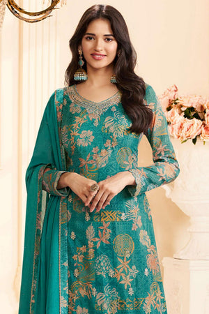 Turquoise Floral Printed Art Silk Kurti Pant Set