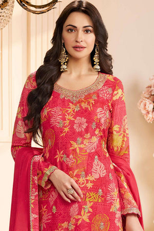 Red Floral Printed Art Silk Kurti Pant Set