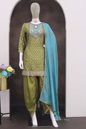 Mehendi Sequin with Embroidered Art Silk Patiala Suit Set