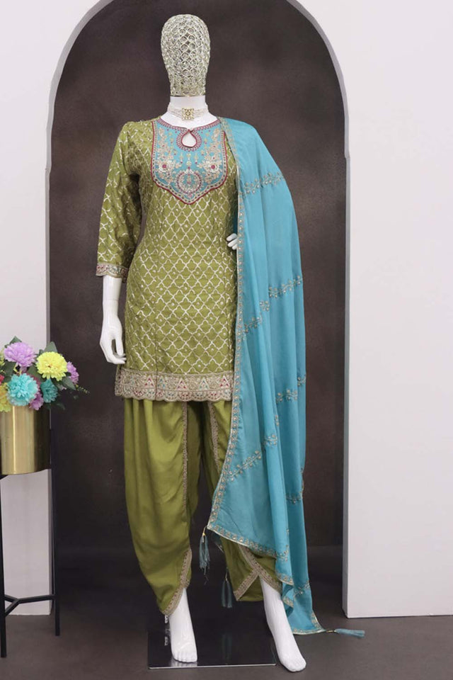 Mehendi Sequin with Embroidered Art Silk Patiala Suit Set